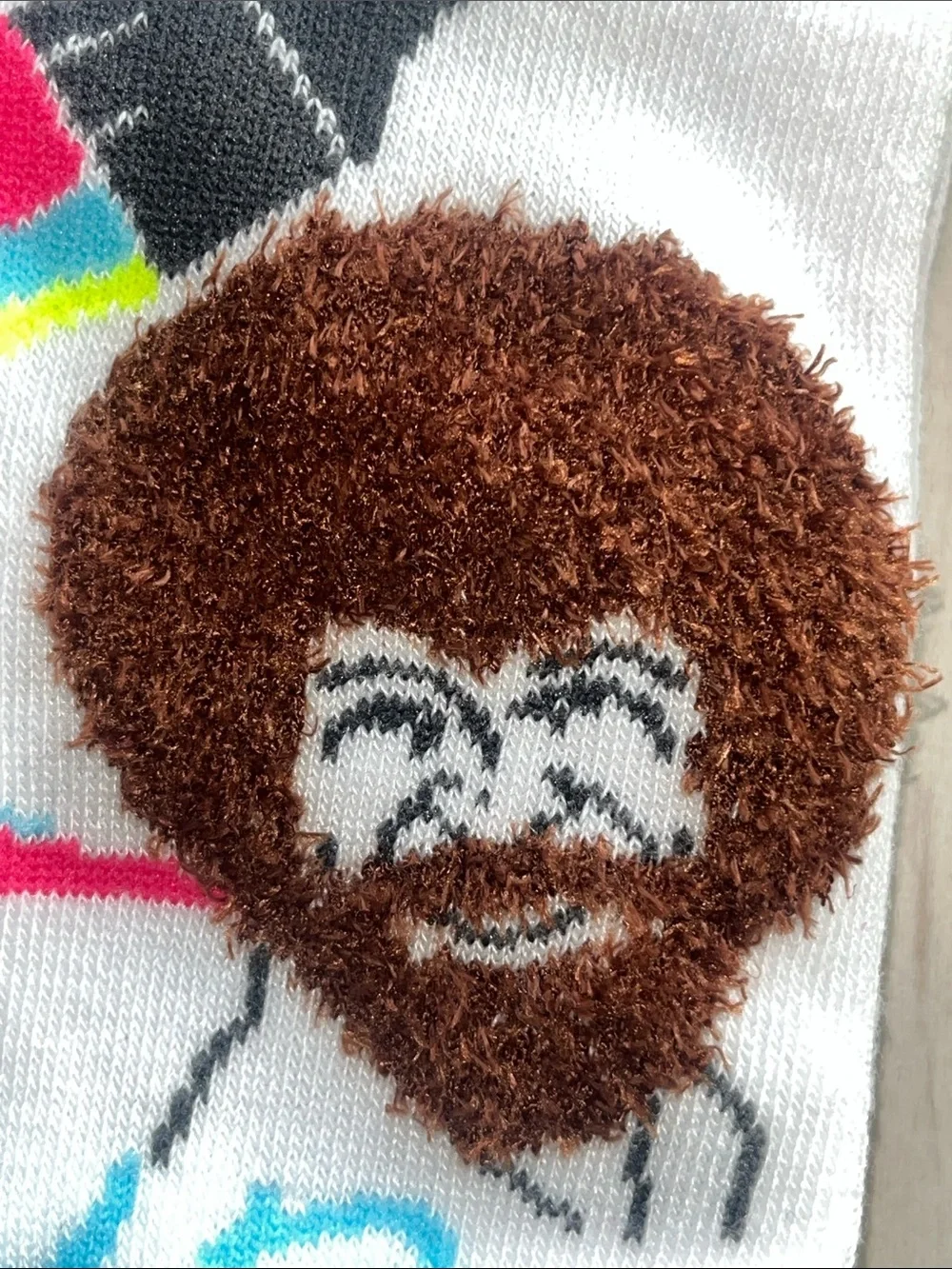 Bob Ross Novelty Men's Crew Socks with Fuzzy Hair Face Design - pick one